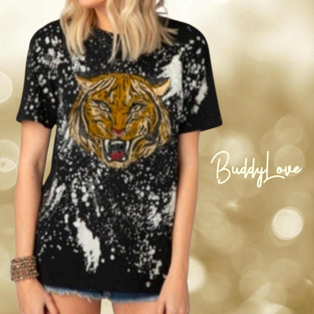 Buddy Love Serena Tiger Graphic‎ Bleach Wash T-Shirt Womens Black White Size M